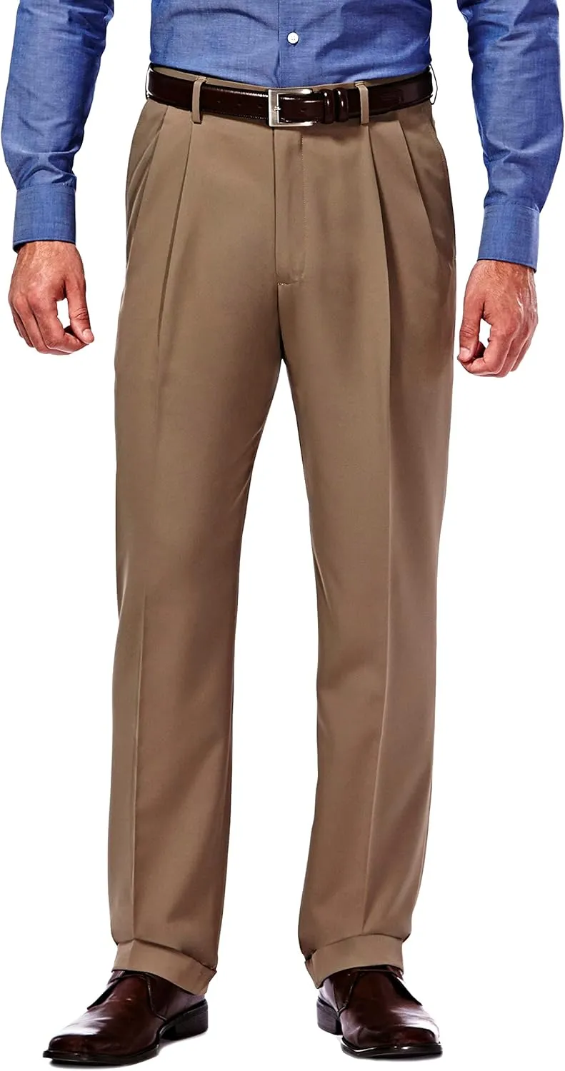 Haggar Mens Hidden Expandable Waistband Classic Fit Pleated Front Gabardine Dress Pant