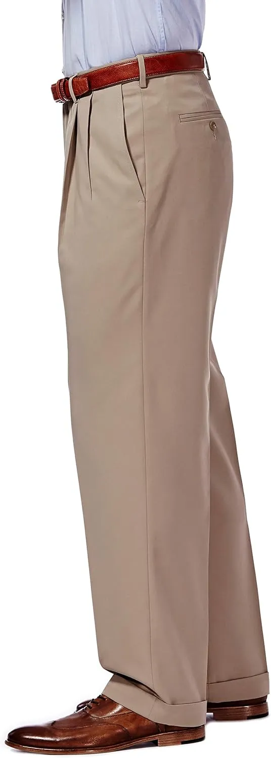 Haggar Mens Hidden Expandable Waistband Classic Fit Pleated Front Gabardine Dress Pant
