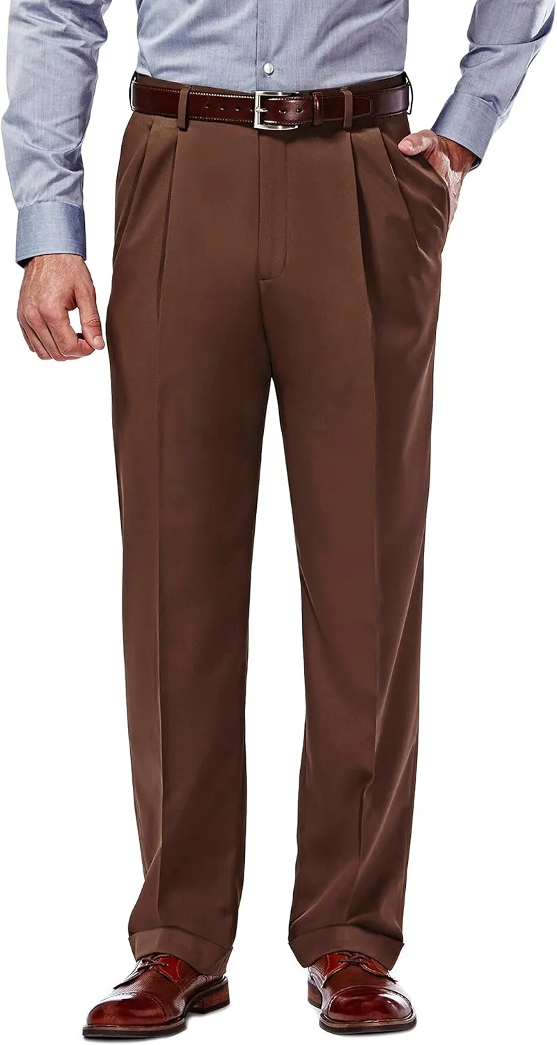 Haggar Mens Hidden Expandable Waistband Classic Fit Pleated Front Gabardine Dress Pant