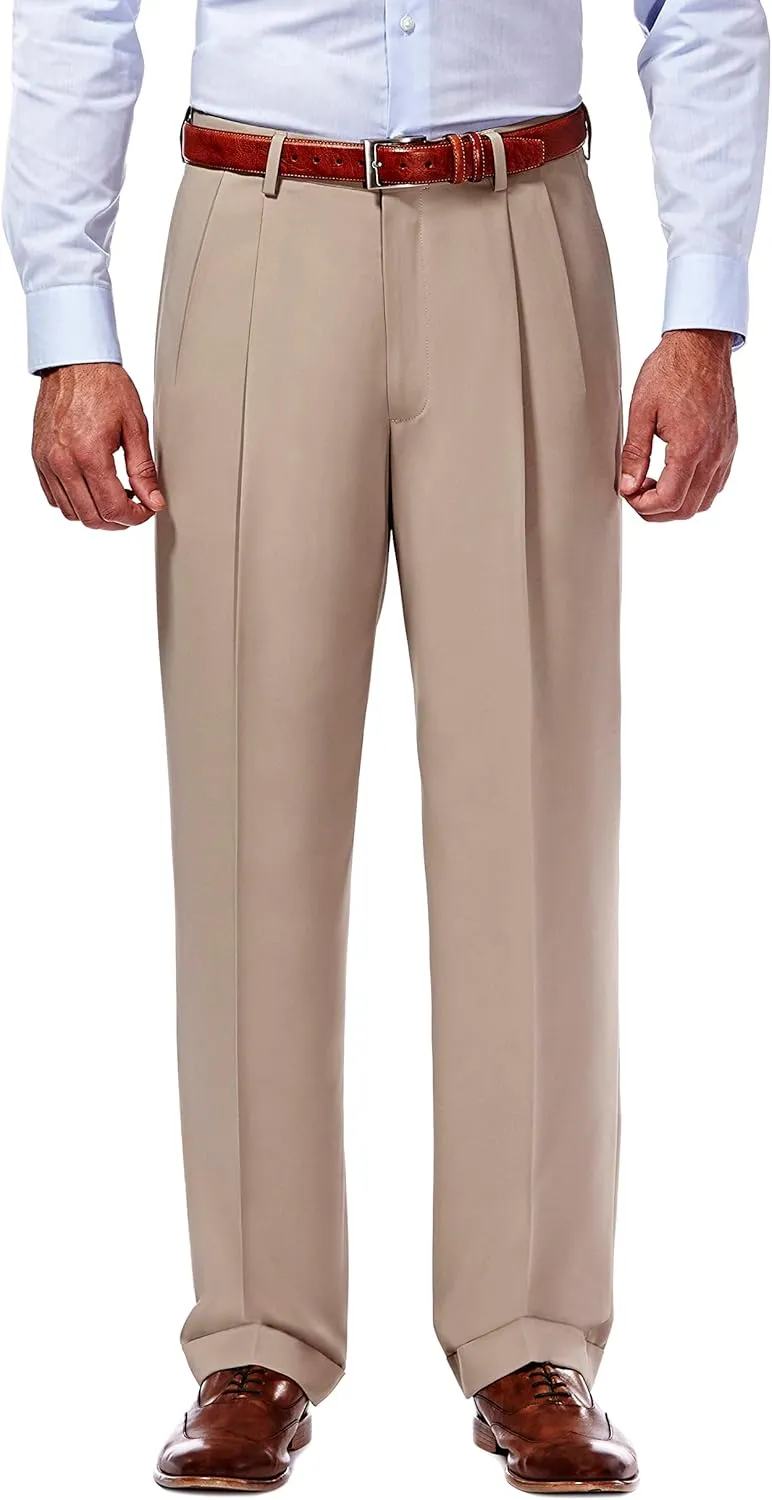Haggar Mens Hidden Expandable Waistband Classic Fit Pleated Front Gabardine Dress Pant