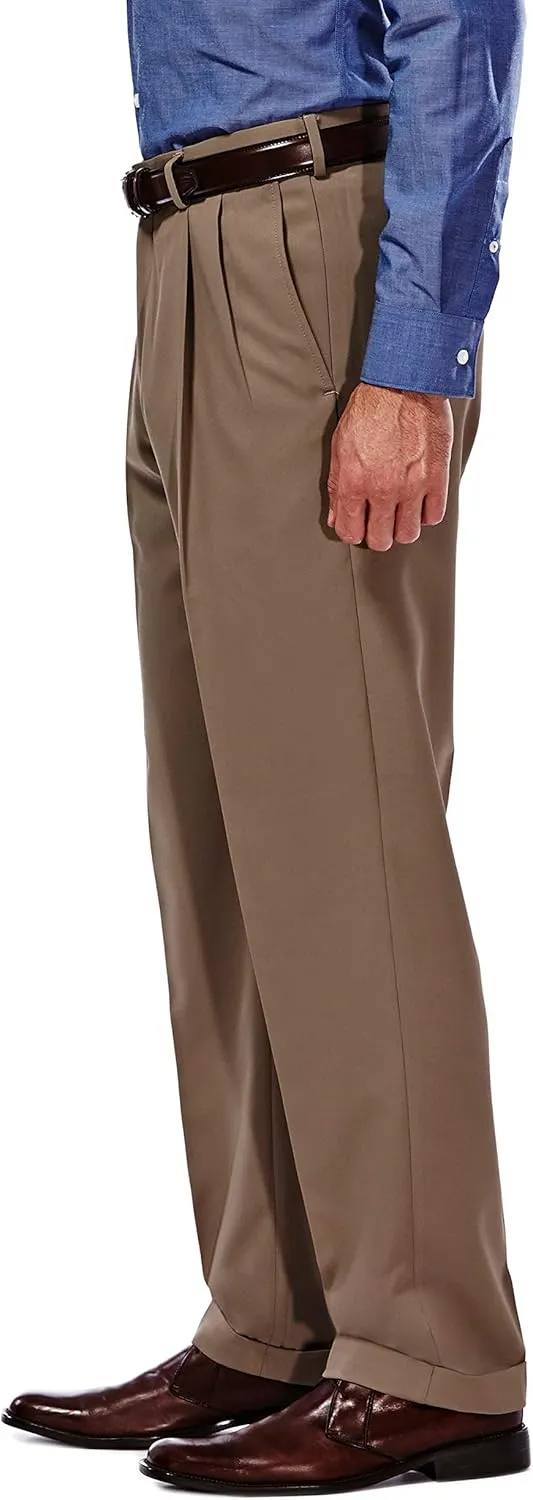 Haggar Mens Hidden Expandable Waistband Classic Fit Pleated Front Gabardine Dress Pant