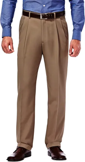 Haggar Mens Hidden Expandable Waistband Classic Fit Pleated Front Gabardine Dress Pant