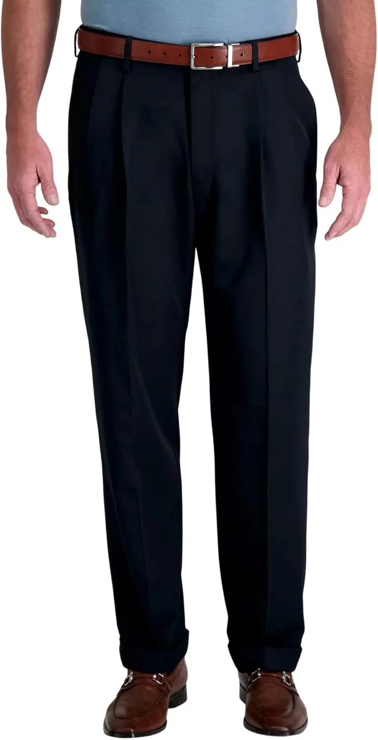 Haggar Mens Hidden Expandable Waistband Classic Fit Pleated Front Gabardine Dress Pant
