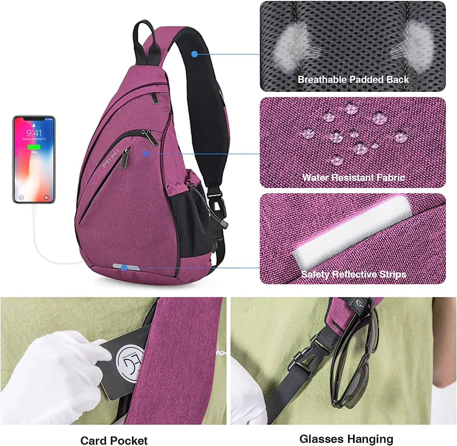 Hanke Sling Bag Men Backpack Unisex One Shoulder Bag Hiking Travel Backpack Crossbody with USB Port Versatile Casual Daypack