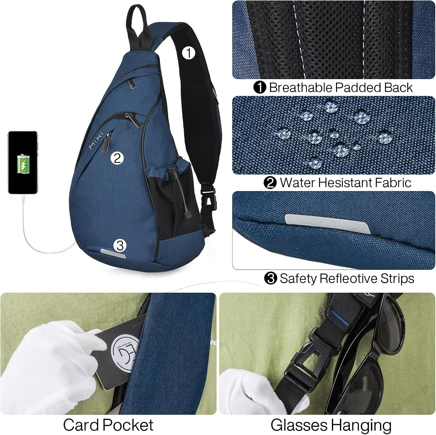 Hanke Sling Bag Men Backpack Unisex One Shoulder Bag Hiking Travel Backpack Crossbody with USB Port Versatile Casual Daypack