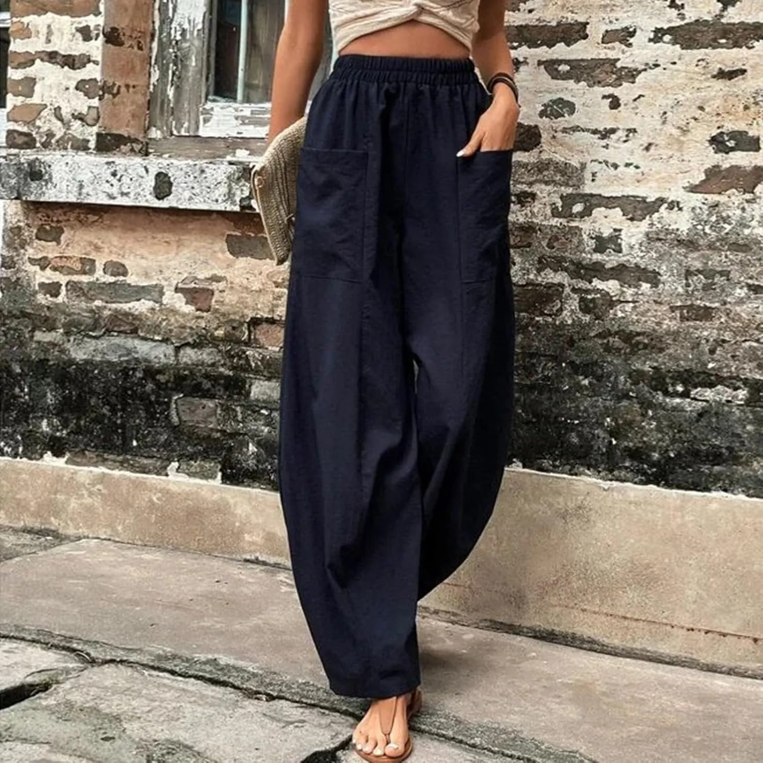 Harem Pants for Women Casual Comfy Cotton Lightweight Summer Beach Yoga Pants Elasitc Trousers Joggers with Pockets