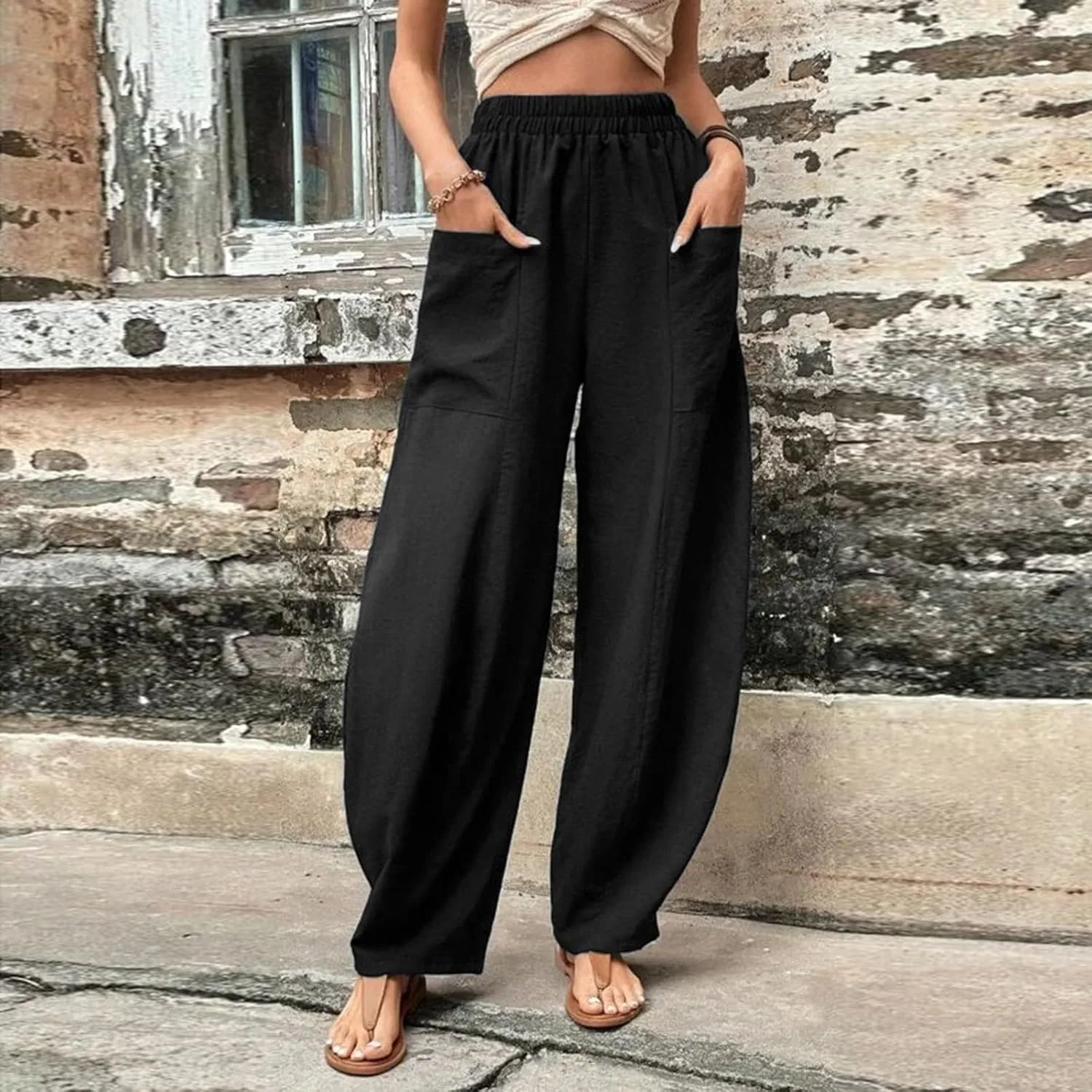 Harem Pants for Women Casual Comfy Cotton Lightweight Summer Beach Yoga Pants Elasitc Trousers Joggers with Pockets