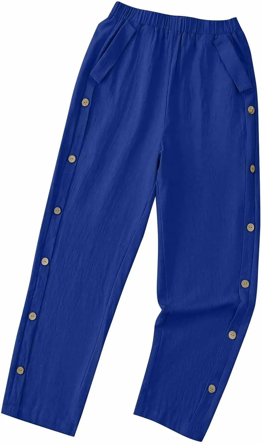 High Waisted Pants for Women Casual Linen Slacks Loose Wide Leg Trousers Side Button Elastic Waist Straight Pants