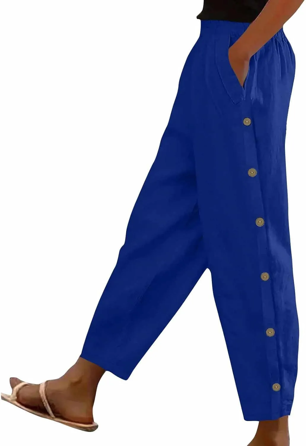 High Waisted Pants for Women Casual Linen Slacks Loose Wide Leg Trousers Side Button Elastic Waist Straight Pants