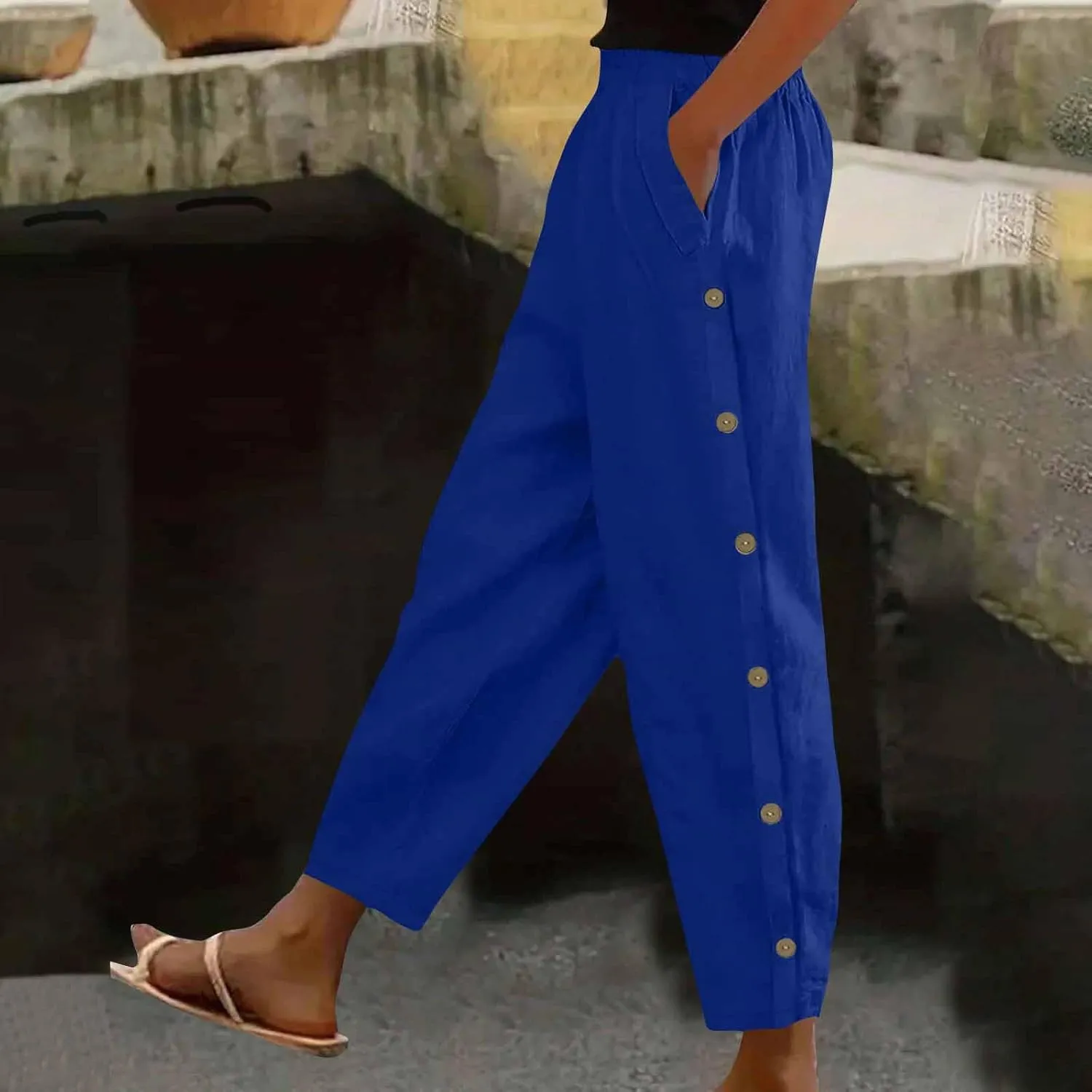 High Waisted Pants for Women Casual Linen Slacks Loose Wide Leg Trousers Side Button Elastic Waist Straight Pants