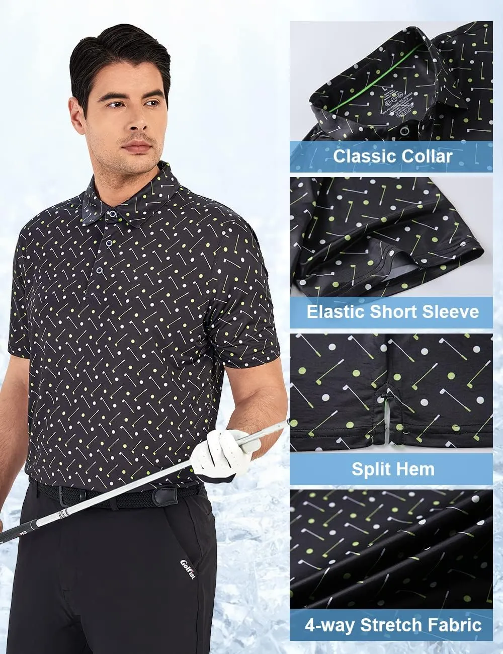 Hodaweisolp Golf Shirts for Men Dry Fit Print Moisture Wicking Performance Short Sleeve Polo Shirt