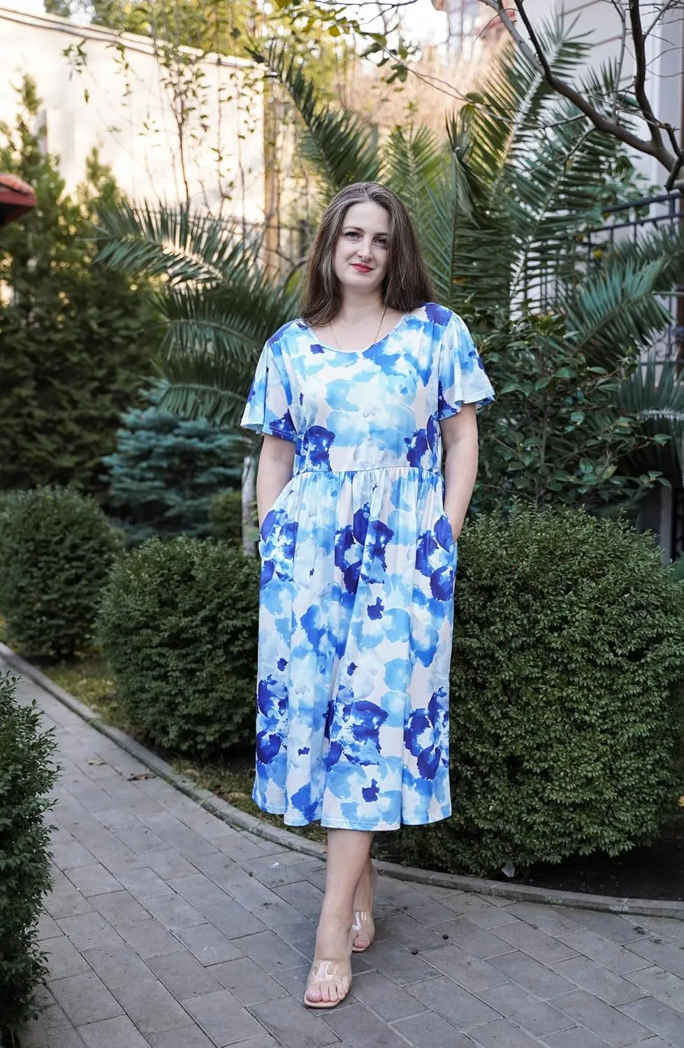 IN'VOLAND Women Plus Size Short Sleeve Dress Loose Summer Casual A-Line Flowy Midi Dresses with Pockets