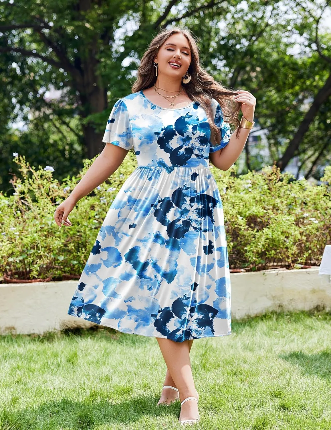 IN'VOLAND Women Plus Size Short Sleeve Dress Loose Summer Casual A-Line Flowy Midi Dresses with Pockets