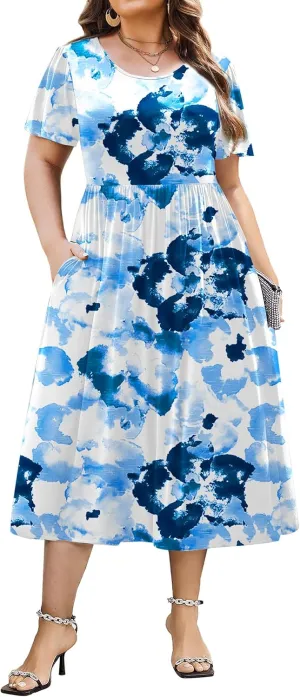 IN'VOLAND Women Plus Size Short Sleeve Dress Loose Summer Casual A-Line Flowy Midi Dresses with Pockets