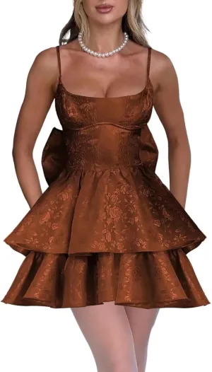 Jacquard Floral Satin Short Prom Dress Spaghetti Straps Puffy Mini Cocktail Party Gowns with Bow Back