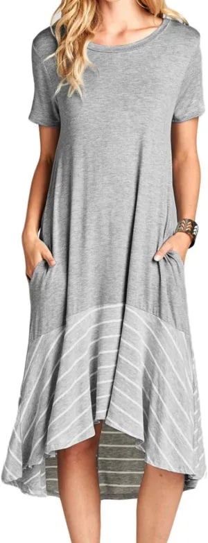 Jayscreate Women's Casual Summer Dress Midi Length T Shirt Tunic Short Sleeve Long Beach Dress Loose Fit with Pockets