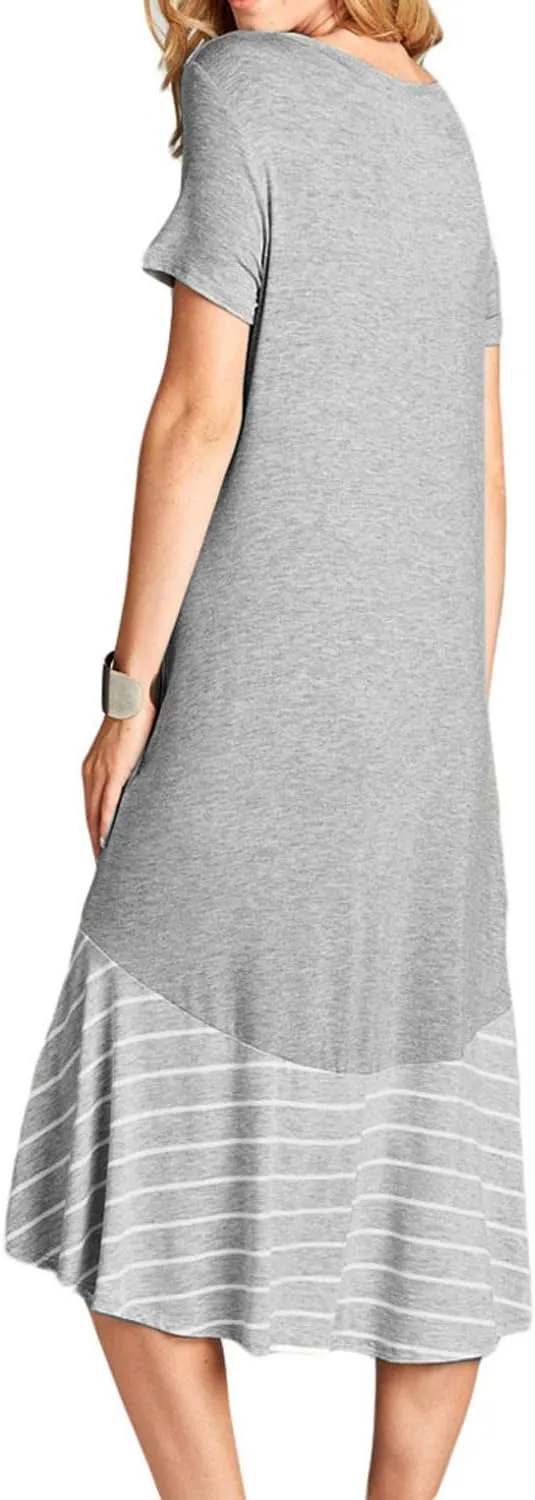 Jayscreate Women's Casual Summer Dress Midi Length T Shirt Tunic Short Sleeve Long Beach Dress Loose Fit with Pockets
