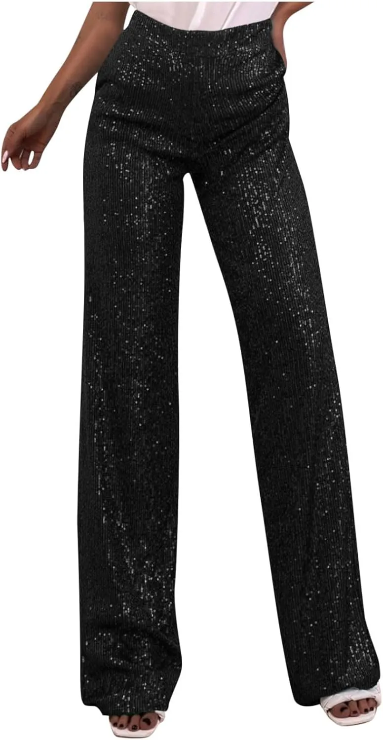 JOAU Women's 2024 Fashion High Waist Wide Leg Sparkle Sequin Bling Glitter Pants Casual Loose Shiny Pants Palazzo Trousers