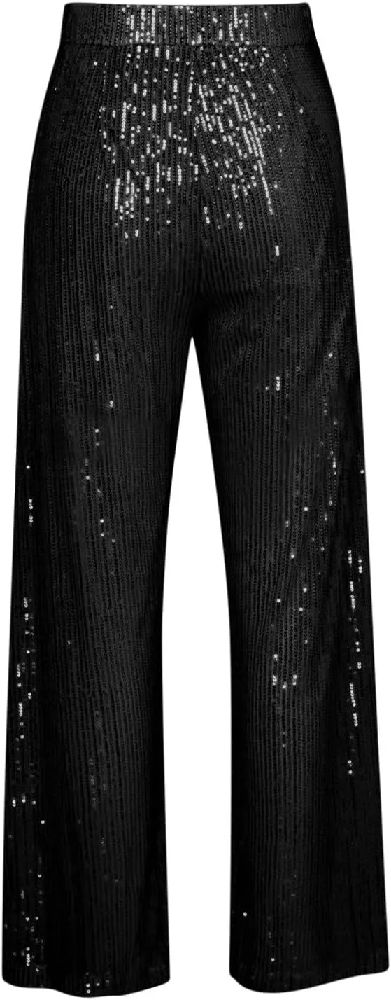 JOAU Women's 2024 Fashion High Waist Wide Leg Sparkle Sequin Bling Glitter Pants Casual Loose Shiny Pants Palazzo Trousers