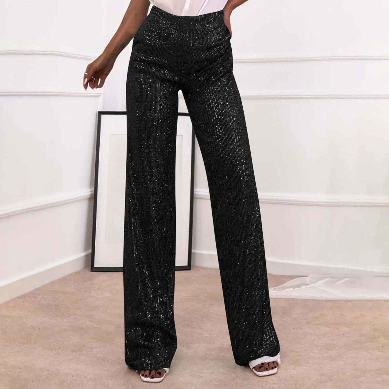 JOAU Women's 2024 Fashion High Waist Wide Leg Sparkle Sequin Bling Glitter Pants Casual Loose Shiny Pants Palazzo Trousers