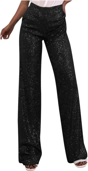 JOAU Women's 2024 Fashion High Waist Wide Leg Sparkle Sequin Bling Glitter Pants Casual Loose Shiny Pants Palazzo Trousers