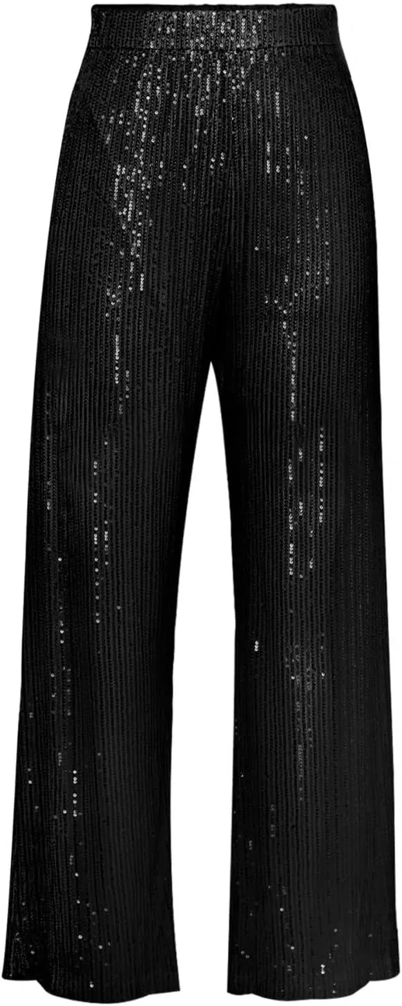 JOAU Women's 2024 Fashion High Waist Wide Leg Sparkle Sequin Bling Glitter Pants Casual Loose Shiny Pants Palazzo Trousers