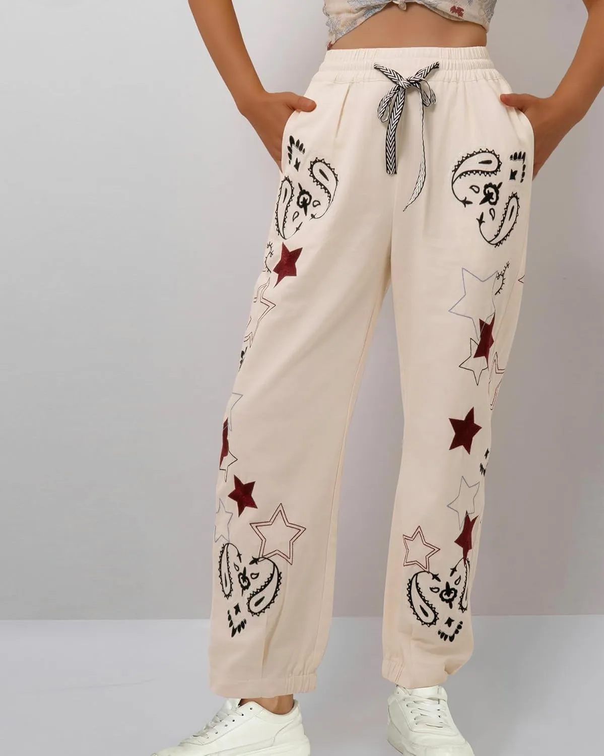 Kedera Mid Rise Barrel Starry Print Jeans for Women Embroidered Wide Leg Denim Pants Boyfriend Baggy Jeans with Pockets