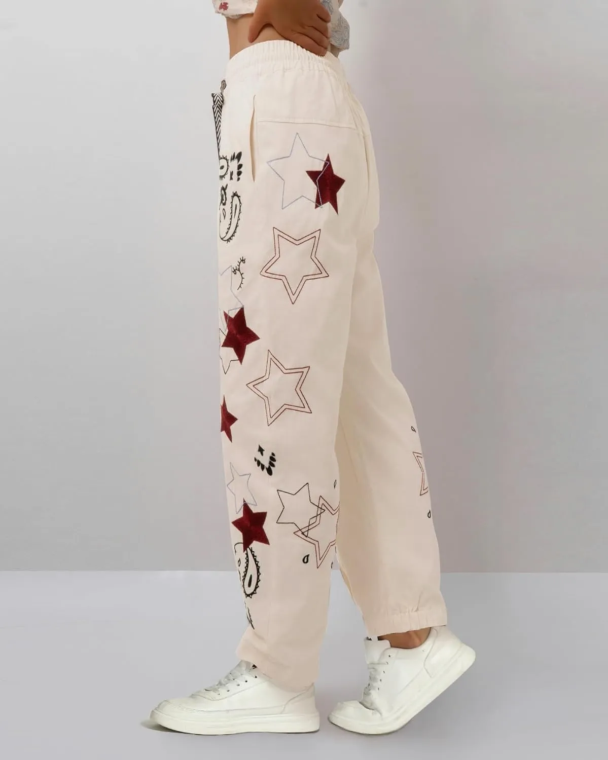 Kedera Mid Rise Barrel Starry Print Jeans for Women Embroidered Wide Leg Denim Pants Boyfriend Baggy Jeans with Pockets