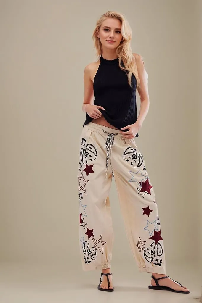 Kedera Mid Rise Barrel Starry Print Jeans for Women Embroidered Wide Leg Denim Pants Boyfriend Baggy Jeans with Pockets