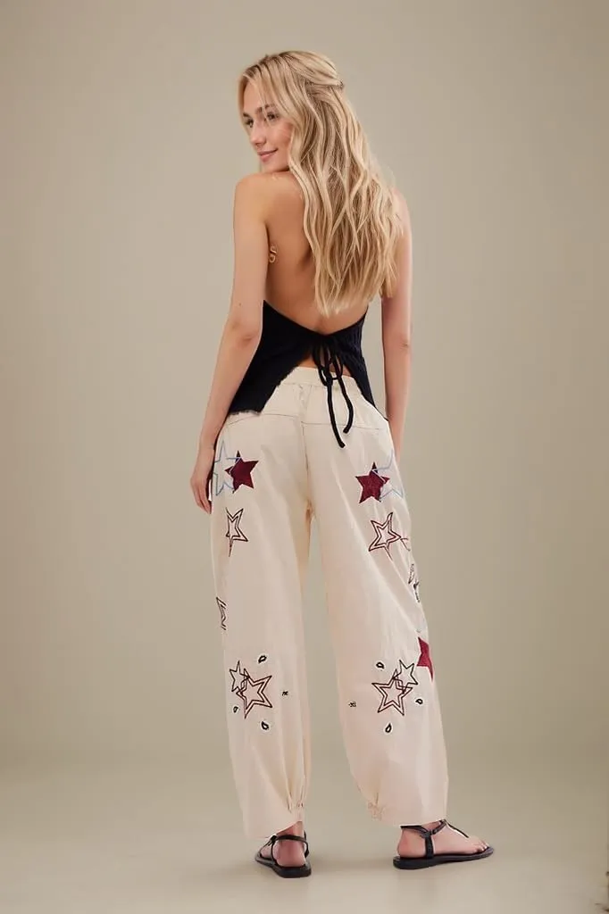 Kedera Mid Rise Barrel Starry Print Jeans for Women Embroidered Wide Leg Denim Pants Boyfriend Baggy Jeans with Pockets