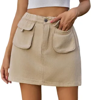 ksotutm Womens Denim Mini Skirt High Waisted Jean Skirt Cargo Skirt with Pockets for Women Casual