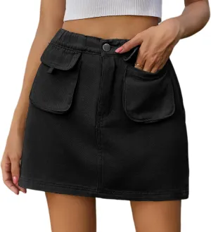 ksotutm Womens Denim Mini Skirt High Waisted Jean Skirt Cargo Skirt with Pockets for Women Casual