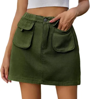 ksotutm Womens Denim Mini Skirt High Waisted Jean Skirt Cargo Skirt with Pockets for Women Casual