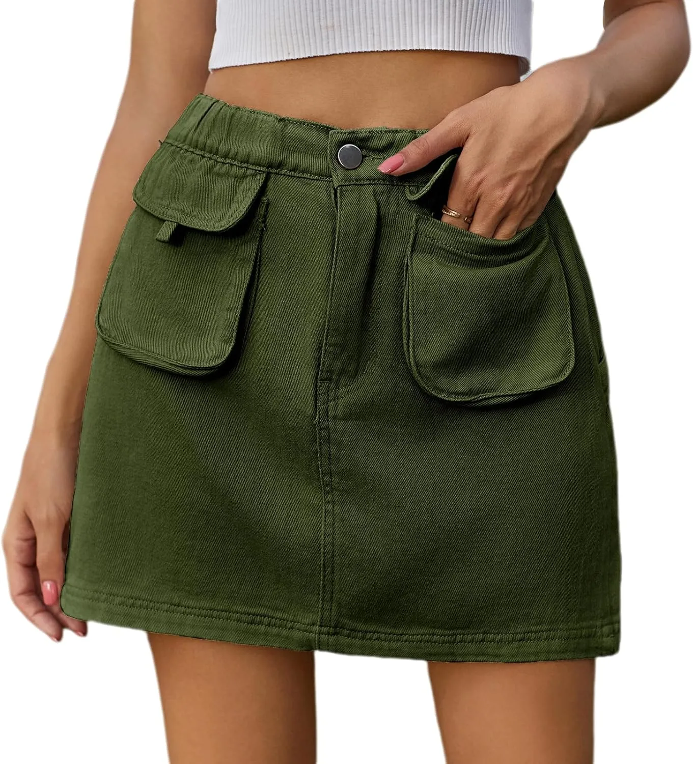 ksotutm Womens Denim Mini Skirt High Waisted Jean Skirt Cargo Skirt with Pockets for Women Casual
