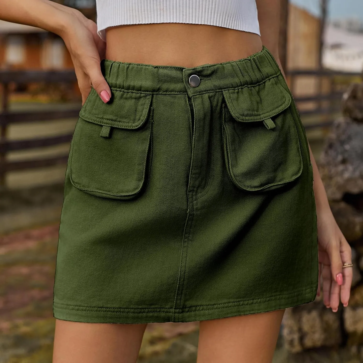 ksotutm Womens Denim Mini Skirt High Waisted Jean Skirt Cargo Skirt with Pockets for Women Casual
