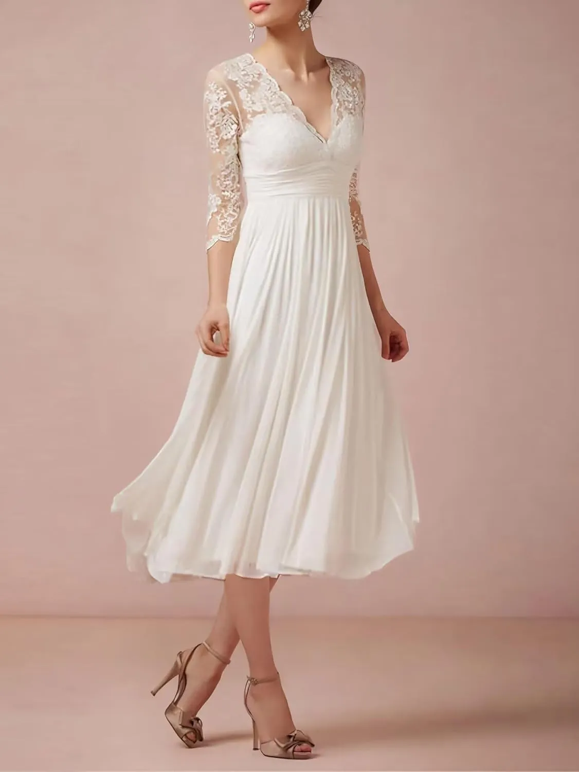 Lace Appliques Wedding Dresses for Bride Chiffon Boho Mother of The Bride Dresses Tea Length with Sleeves