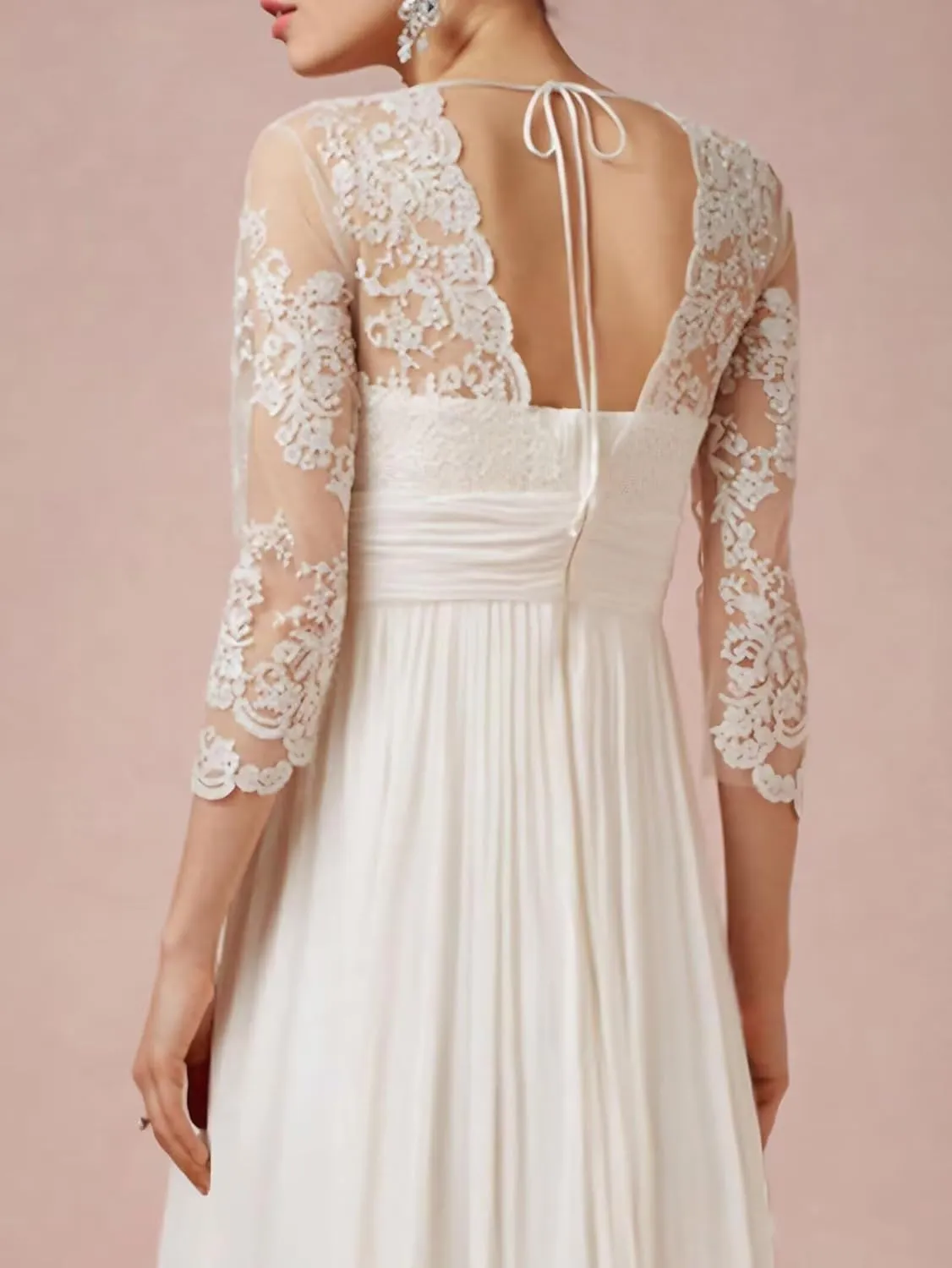 Lace Appliques Wedding Dresses for Bride Chiffon Boho Mother of The Bride Dresses Tea Length with Sleeves