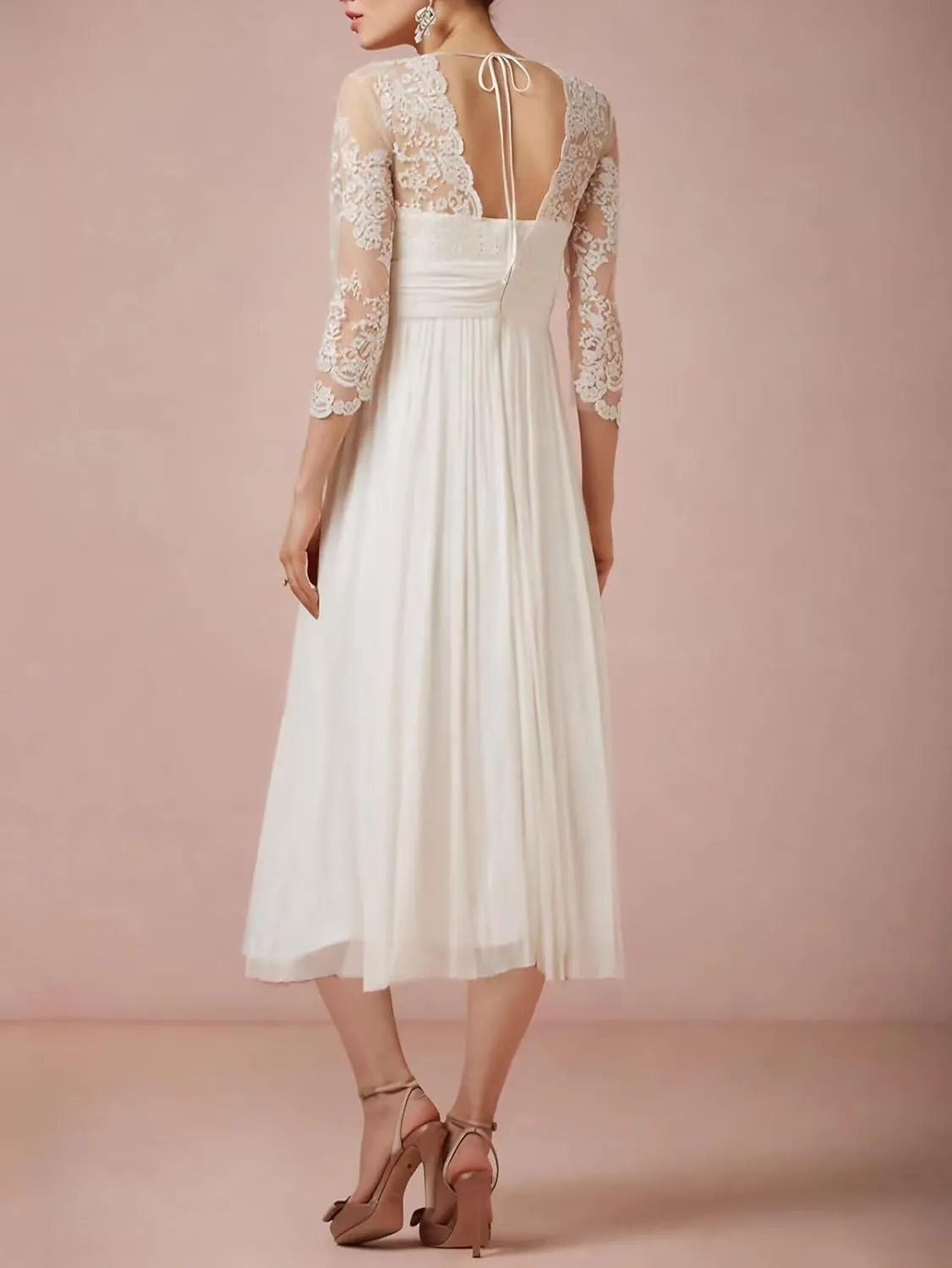 Lace Appliques Wedding Dresses for Bride Chiffon Boho Mother of The Bride Dresses Tea Length with Sleeves