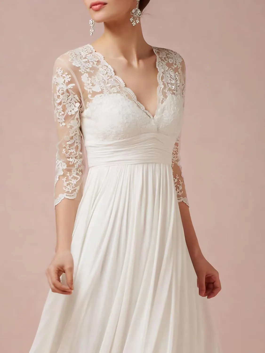 Lace Appliques Wedding Dresses for Bride Chiffon Boho Mother of The Bride Dresses Tea Length with Sleeves