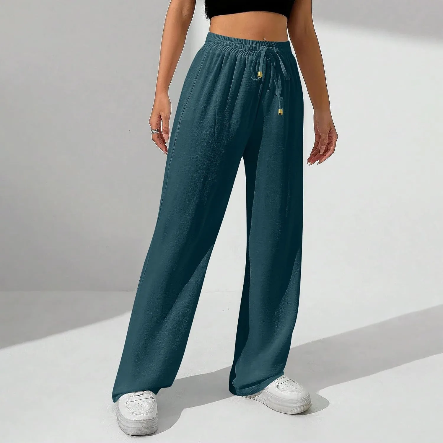Ladies Linen Pants Summer Drawstring High Waist Wide Leg Pants Casual Palazzo Pant Fashion Trouser with Pockets