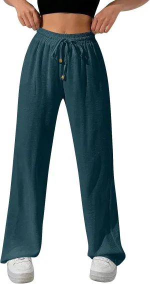 Ladies Linen Pants Summer Drawstring High Waist Wide Leg Pants Casual Palazzo Pant Fashion Trouser with Pockets