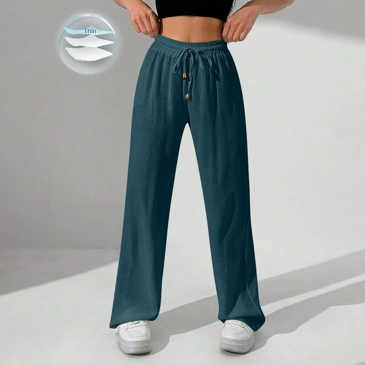 Ladies Linen Pants Summer Drawstring High Waist Wide Leg Pants Casual Palazzo Pant Fashion Trouser with Pockets