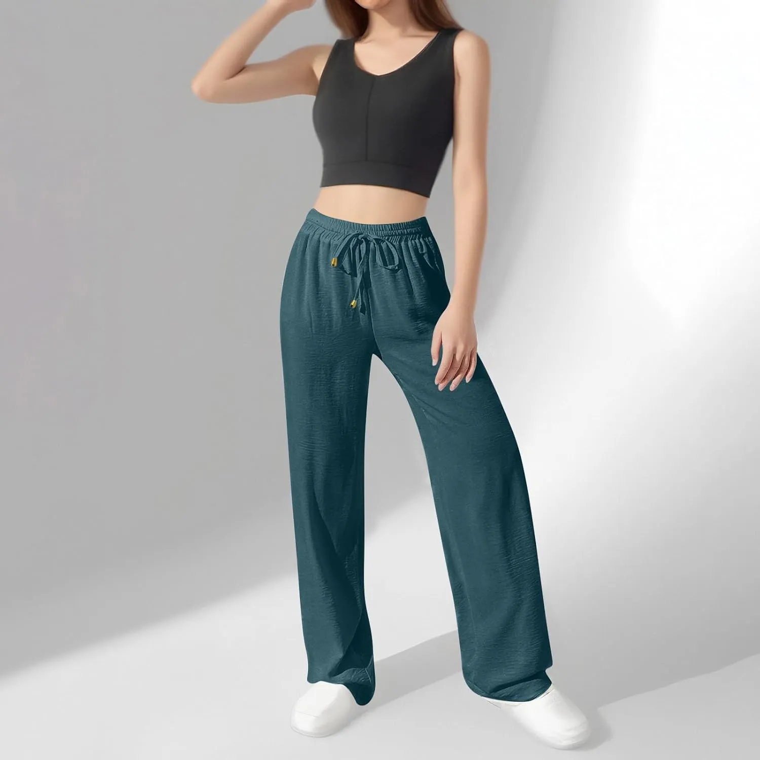 Ladies Linen Pants Summer Drawstring High Waist Wide Leg Pants Casual Palazzo Pant Fashion Trouser with Pockets
