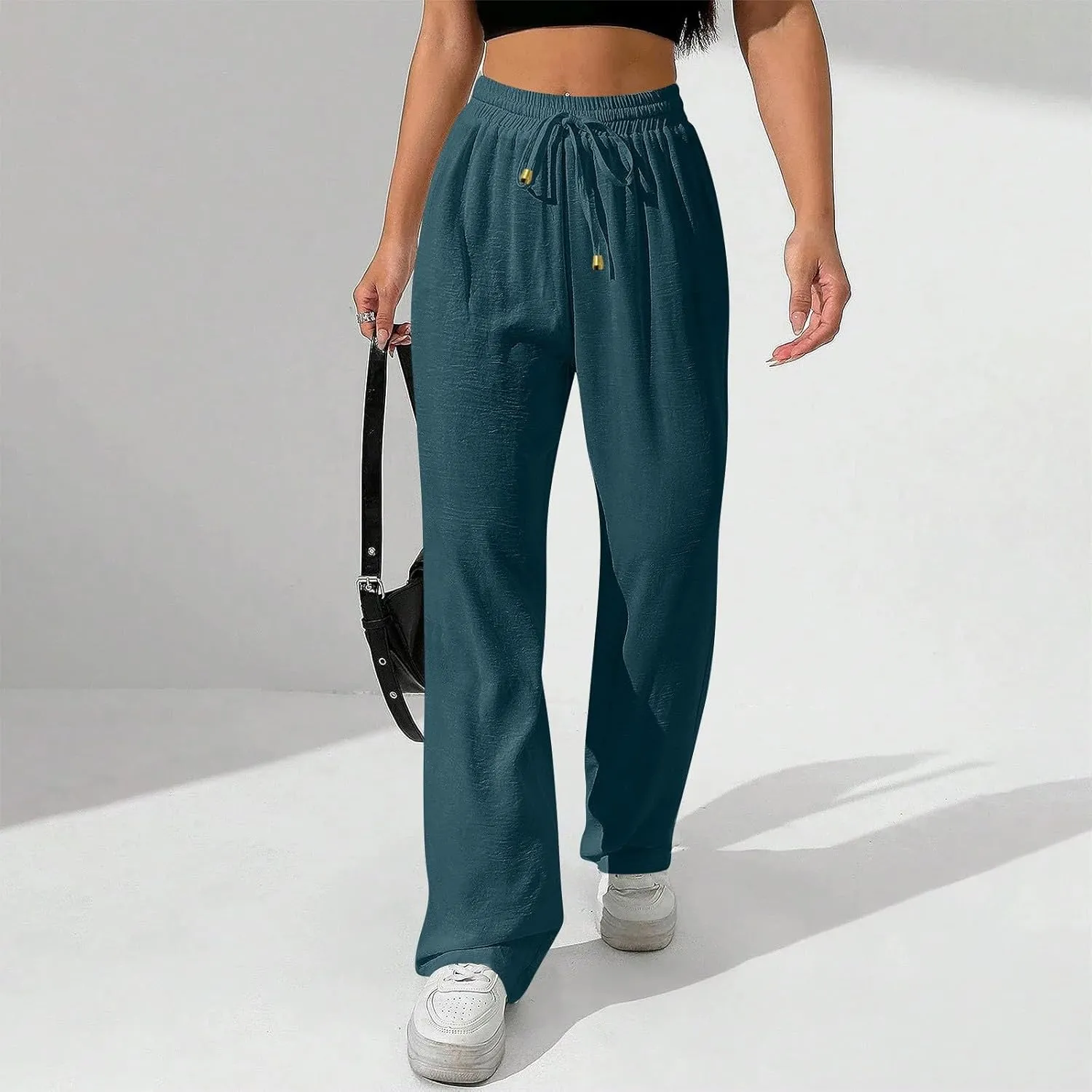 Ladies Linen Pants Summer Drawstring High Waist Wide Leg Pants Casual Palazzo Pant Fashion Trouser with Pockets