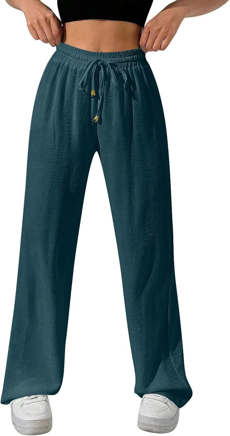 Ladies Linen Pants Summer Drawstring High Waist Wide Leg Pants Casual Palazzo Pant Fashion Trouser with Pockets
