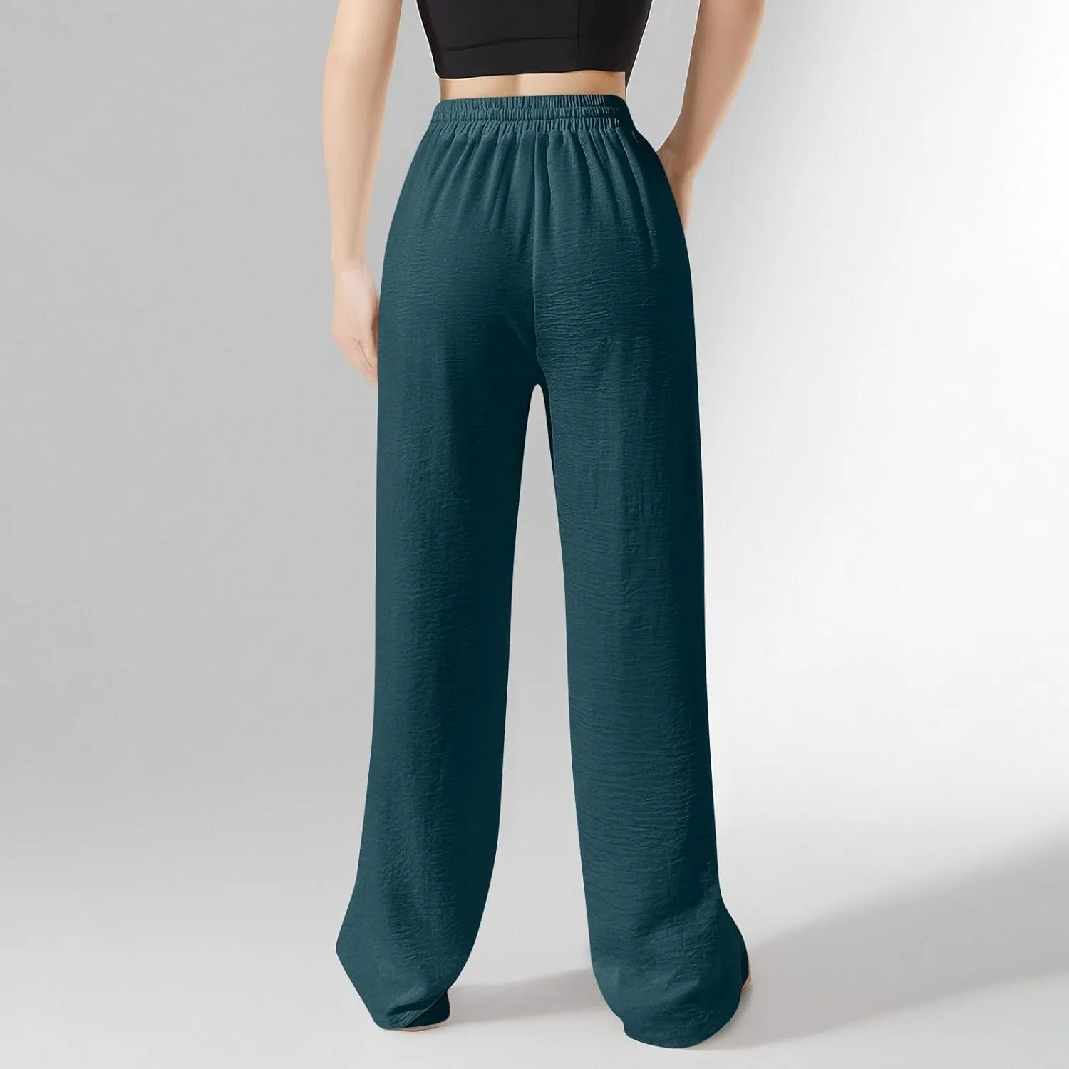 Ladies Linen Pants Summer Drawstring High Waist Wide Leg Pants Casual Palazzo Pant Fashion Trouser with Pockets
