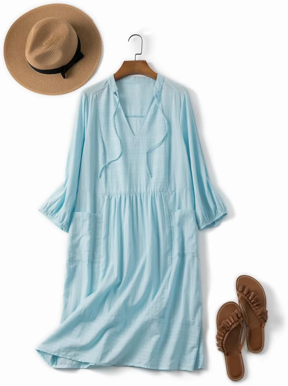 Lafural Womens V Neck Cotton Casual Loose Shift Tunic Smock Summer Dresses Vacation Dress 3/4 Sleeve Pocket