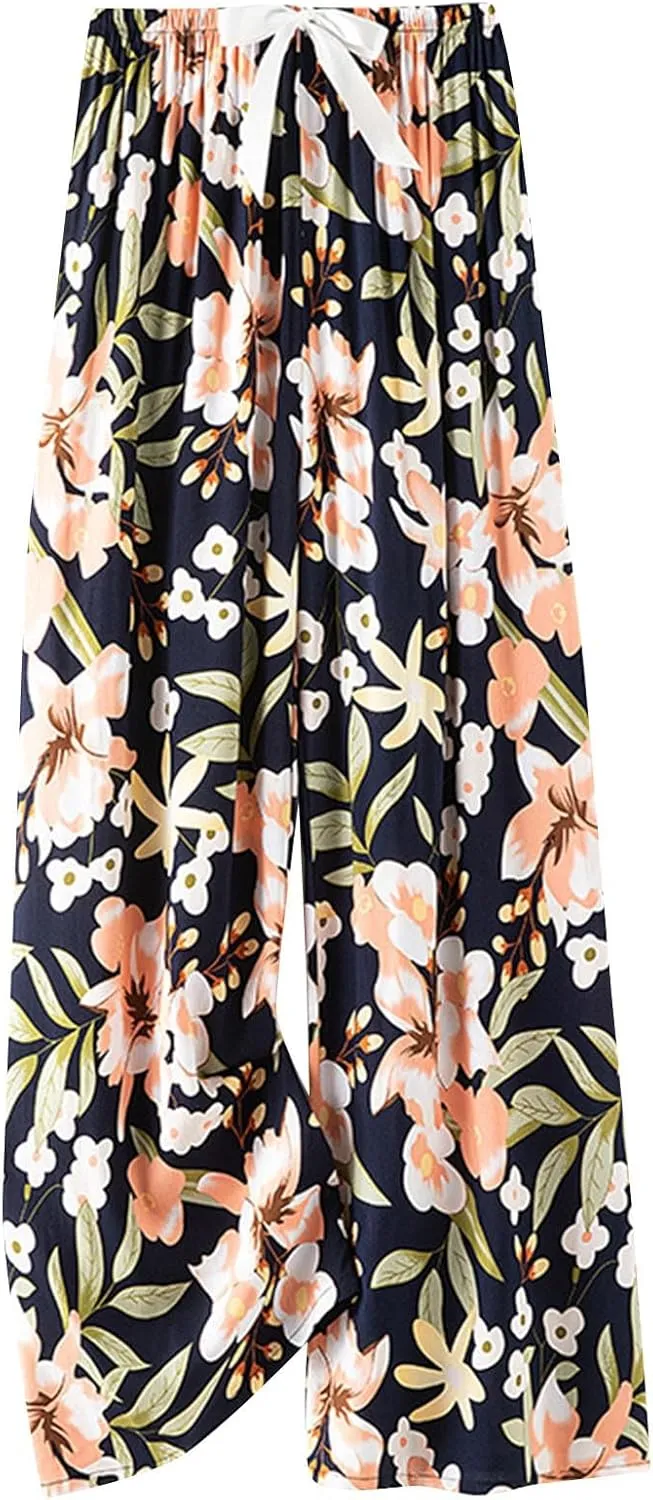 Lastesso Palazzo Pants for Women Fashion Floral Print Summer Lounge Trousers Bow-Knot High Waist Elastic Waistband Pants