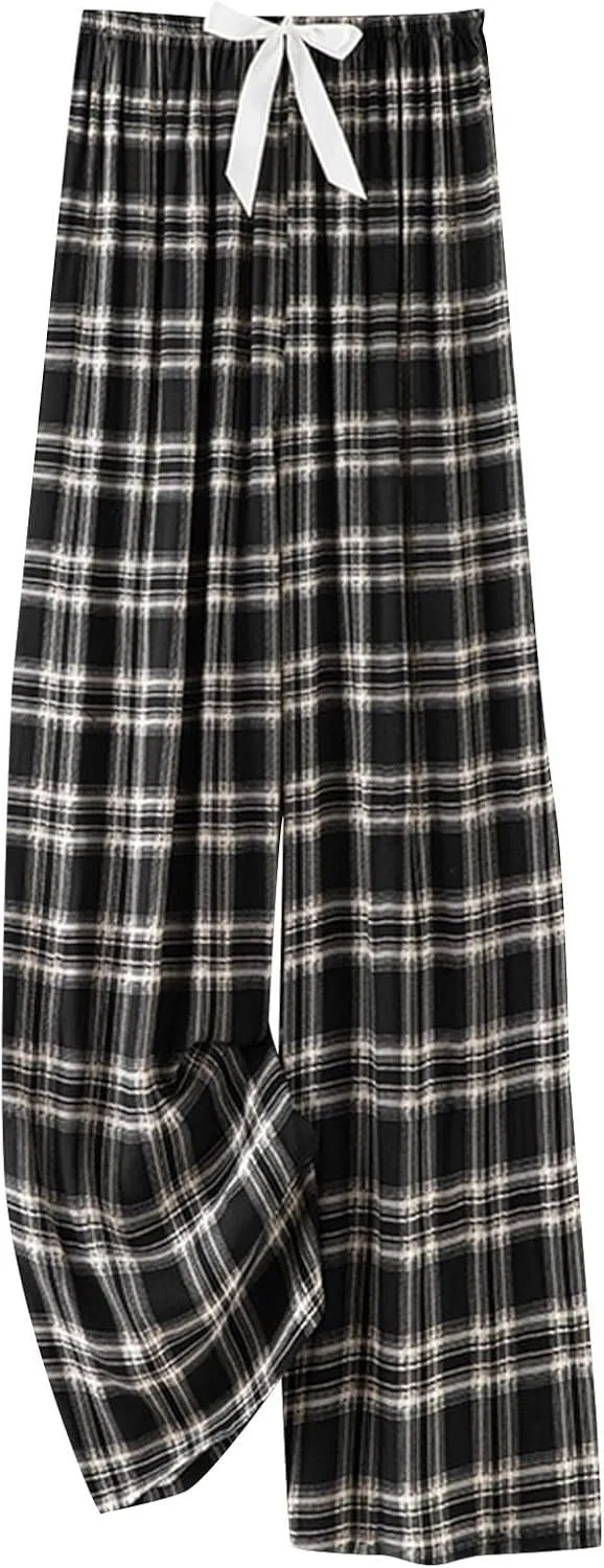 Lastesso Palazzo Pants for Women Fashion Floral Print Summer Lounge Trousers Bow-Knot High Waist Elastic Waistband Pants
