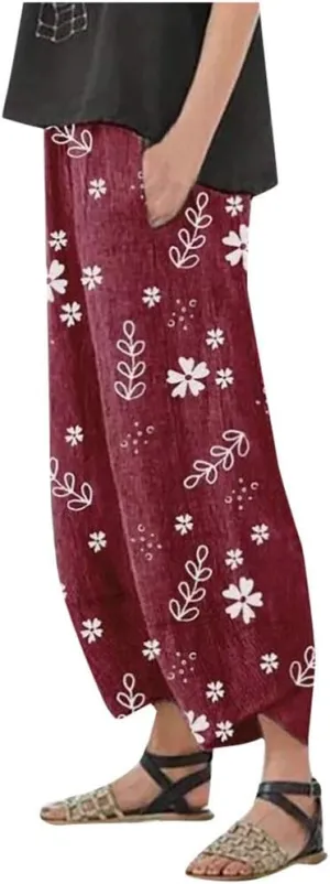 LCMTWX Cotton Pants for Women Casual Baggy Elastic Waist Trouser Wide Leg Pant with Pocket Fashion Pant Summer Pants for